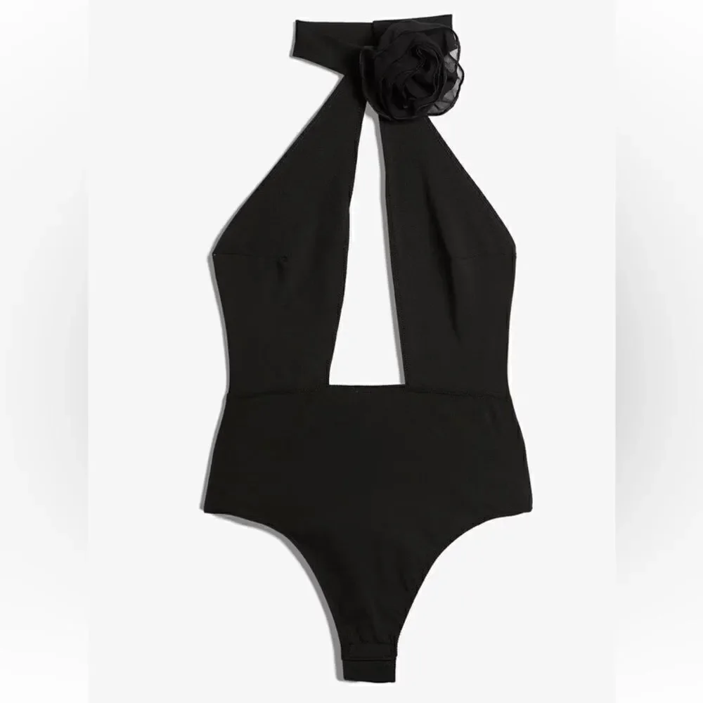 Etam Floral Detail Bodysuit Black Womens in size small
